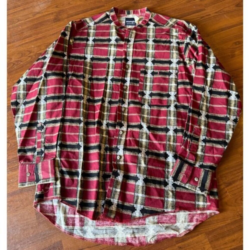 Wrangler Western Band Collar Plaid Shirt Mens Large Red Black Southwestern L‎